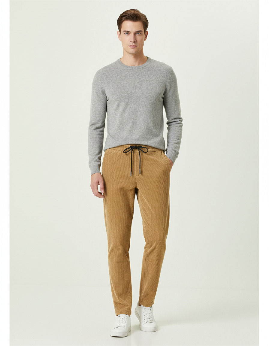 Pantalon Beige Côtelé Homme Cordon Décontracté Élastique - Camel Cordé