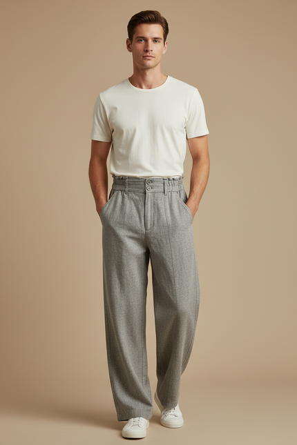 Pantalon Beige Ample Plissé Décontracté Homme - Gris Tweed