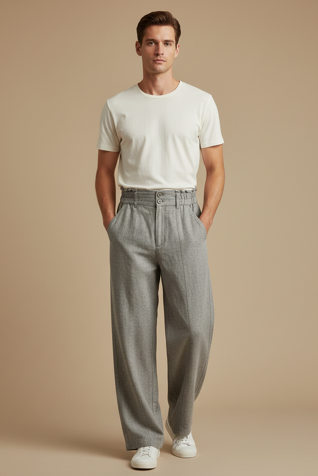 Pantalon Beige Ample Plissé Décontracté Homme - Gris Tweed