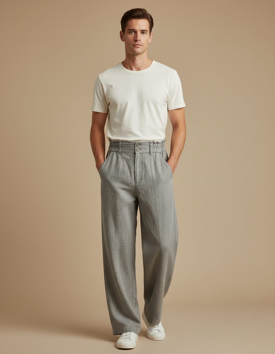 Pantalon Beige Ample Plissé Décontracté Homme - Gris Tweed