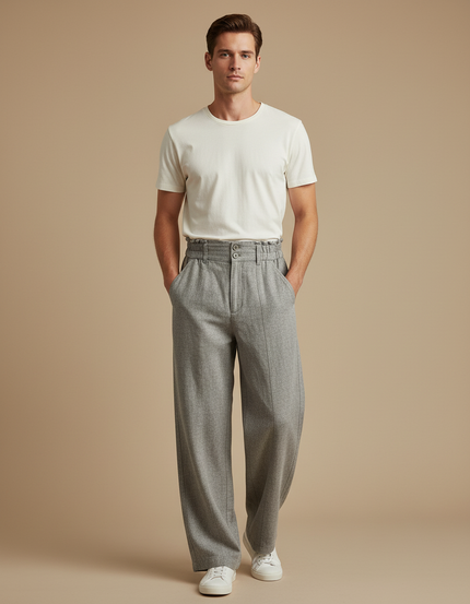 Pantalon Beige Ample Plissé Décontracté Homme - Gris Tweed