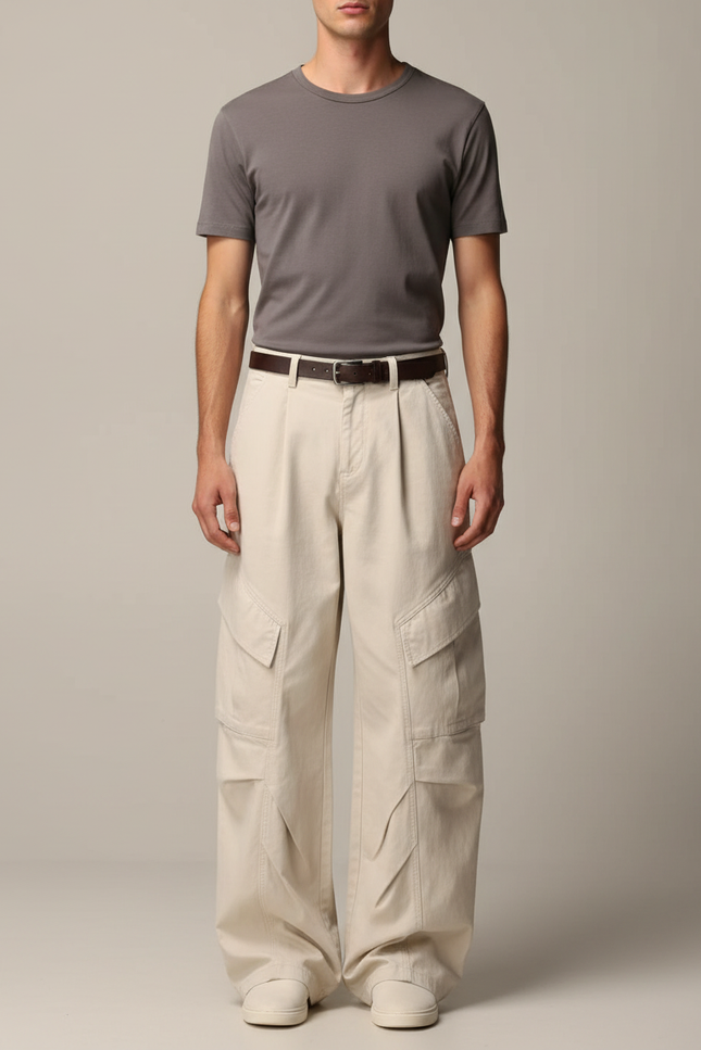 Pantalon Beige Cargo Ample Coton Homme Décontracté