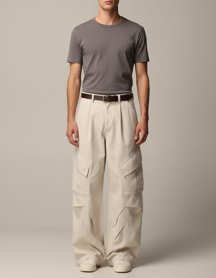 Pantalon Beige Cargo Ample Coton Homme Décontracté