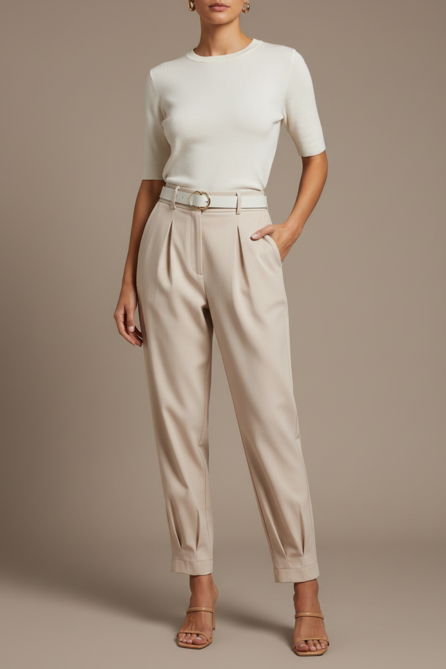 Pantalon Beige Plissé Taille Haute Élégant Femme - Polyester