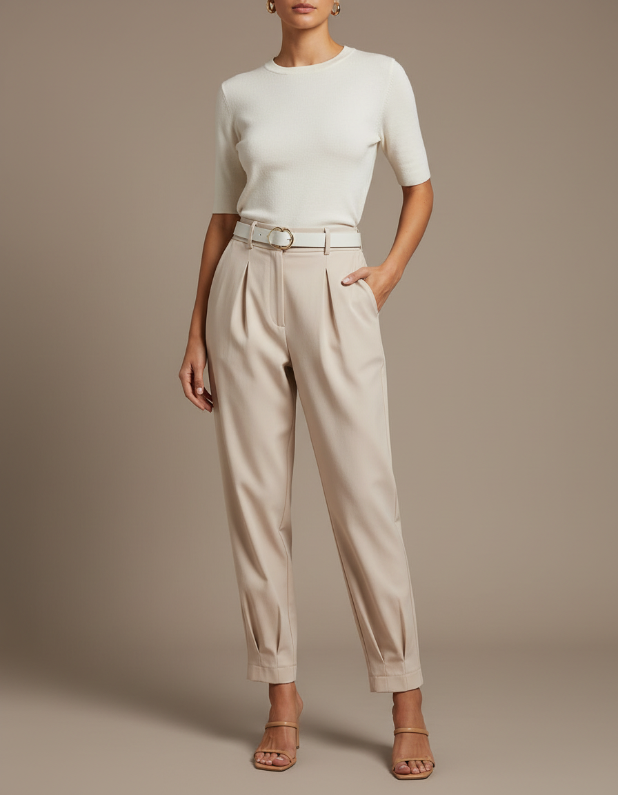Pantalon Beige Plissé Taille Haute Élégant Femme - Polyester