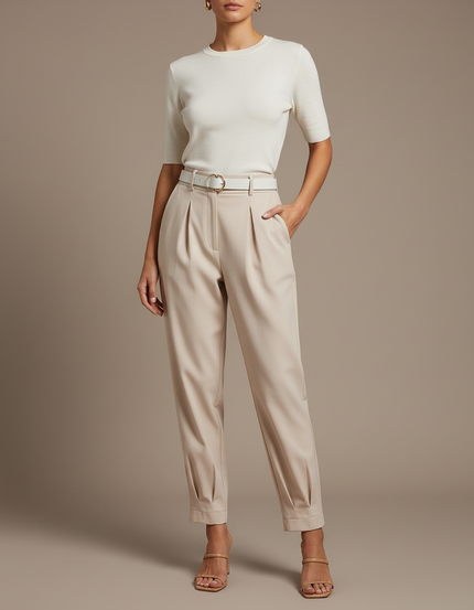 Pantalon Beige Plissé Taille Haute Élégant Femme - Polyester