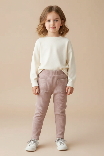 Pantalon Beige Côtelé Enfant Confortable - Rose Maille