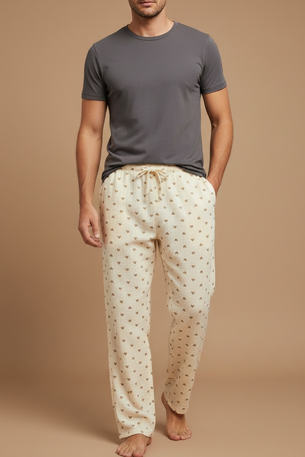 Pantalon Beige Coton Ample Motif Cœurs Homme