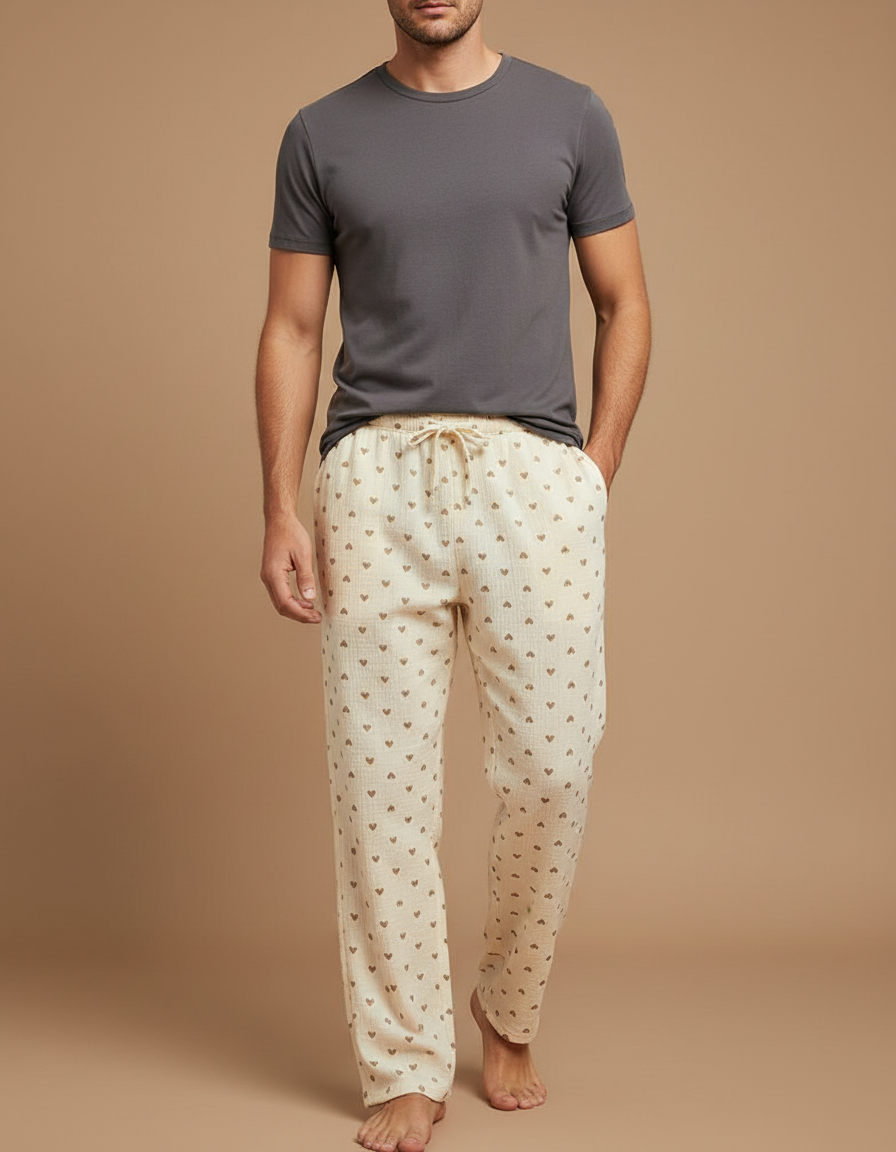 Pantalon Beige Coton Ample Motif Cœurs Homme