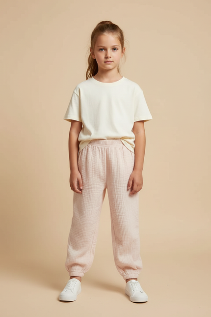 Pantalon Beige Gaze Coton Ample Enfant Léger - Rose