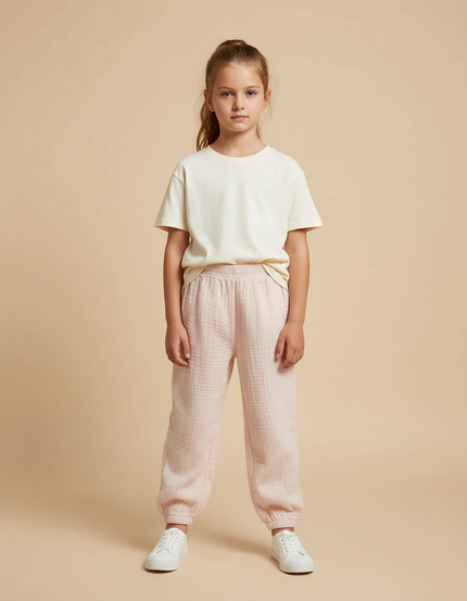 Pantalon Beige Gaze Coton Ample Enfant Léger - Rose