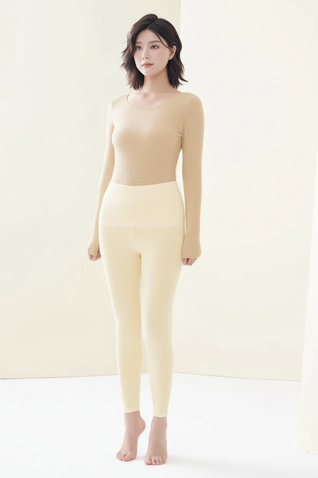 Pantalon Beige Côtelé Thermique Confortable Sans Couture - Maille