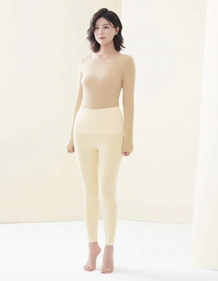 Pantalon Beige Côtelé Thermique Confortable Sans Couture - Maille