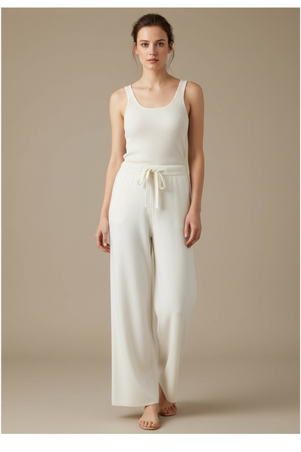 Pantalon Beige Tricoté Ample Taille Haute Confortable - Blanc Maille