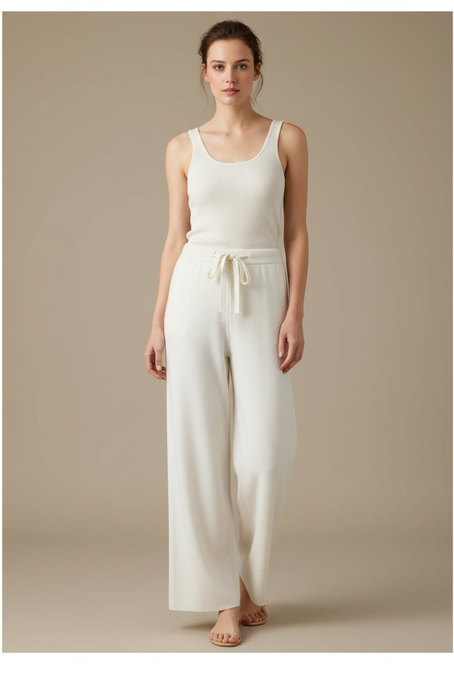 Pantalon Beige Tricoté Ample Taille Haute Confortable - Blanc Maille