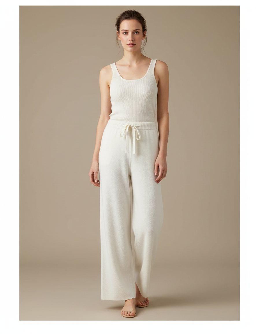 Pantalon Beige Tricoté Ample Taille Haute Confortable - Blanc Maille