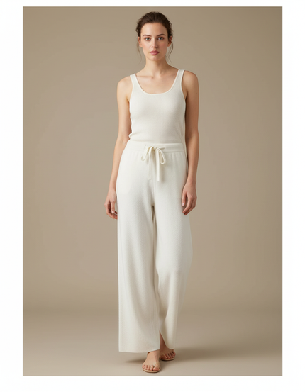 Pantalon Beige Tricoté Ample Taille Haute Confortable - Blanc Maille