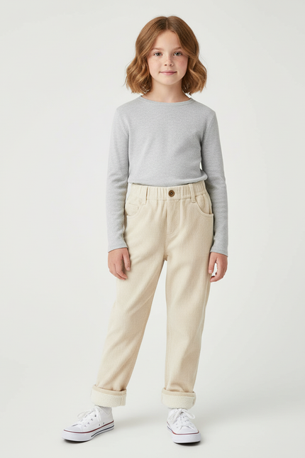 Pantalon Beige Côtelé Ample Enfant Doublé Chaud - Cordé