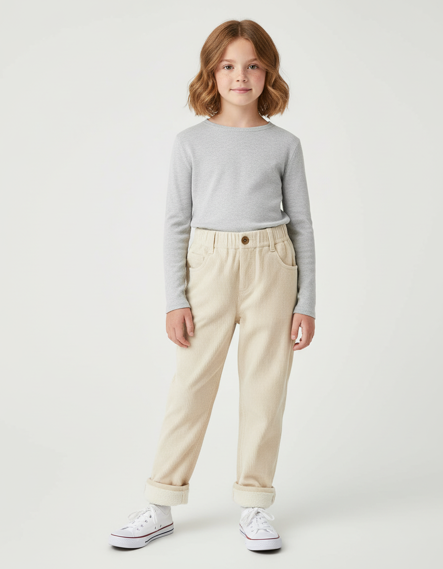 Pantalon Beige Côtelé Ample Enfant Doublé Chaud - Cordé