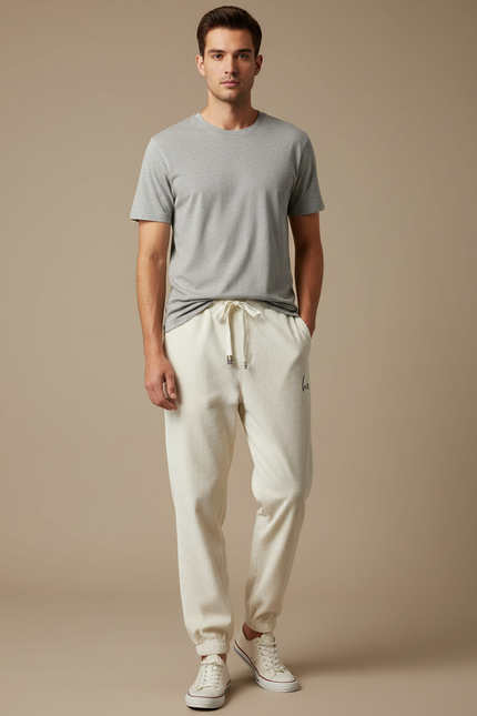 Pantalon Beige Côtelé Ample Cordon Décontracté Homme - Cordé