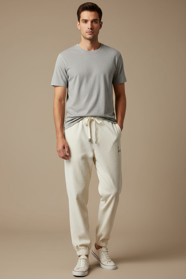 Pantalon Beige Côtelé Ample Cordon Décontracté Homme - Cordé