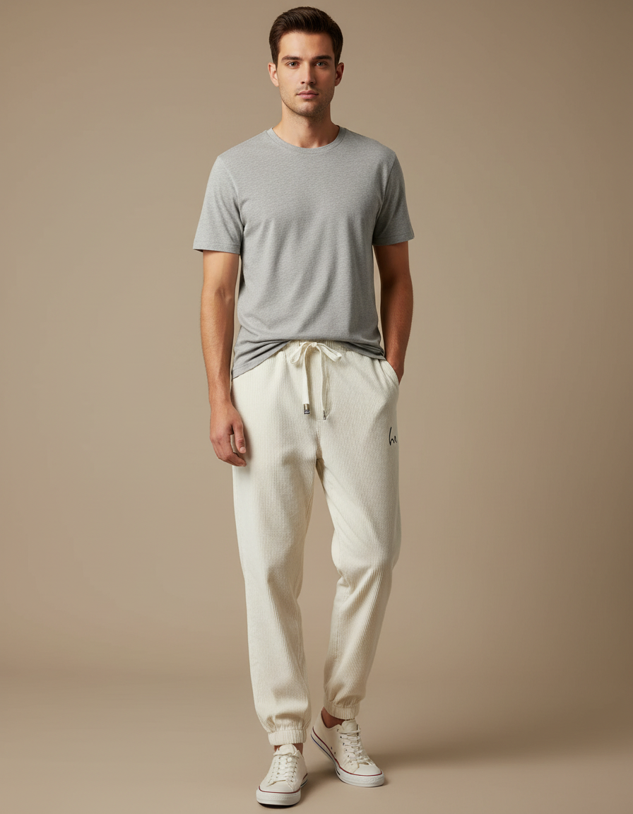 Pantalon Beige Côtelé Ample Cordon Décontracté Homme - Cordé