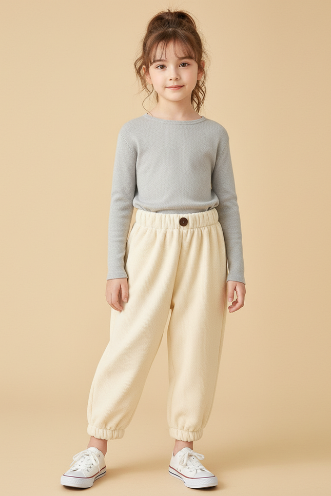 Pantalon Beige Côtelé Ample Élastique Confort Enfant - Cordé
