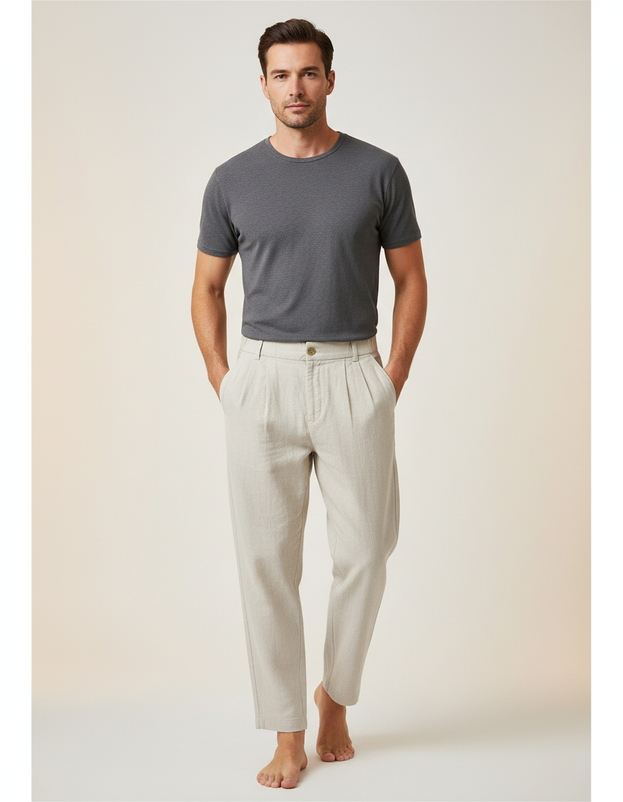 Pantalon Beige Lin Plissé Décontracté Homme Ample