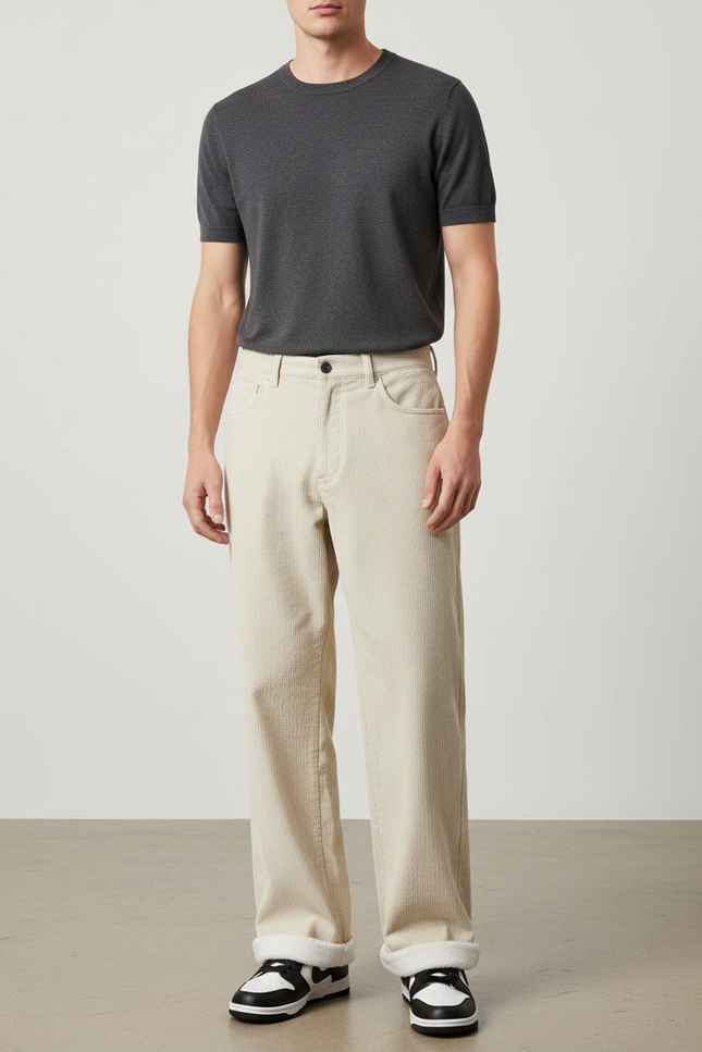 Pantalon Beige Côtelé Droit Ample Doublé Homme - Cordé