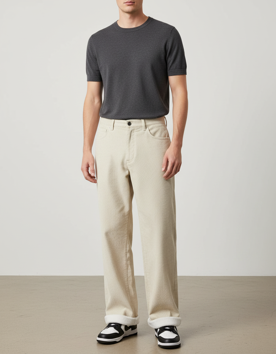 Pantalon Beige Côtelé Droit Ample Doublé Homme - Cordé