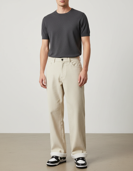 Pantalon Beige Côtelé Droit Ample Doublé Homme - Cordé