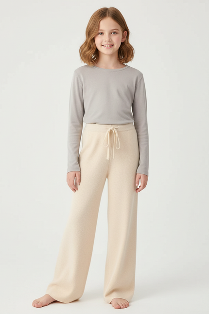 Pantalon Beige Tricoté Laine Ample Confortable Enfant