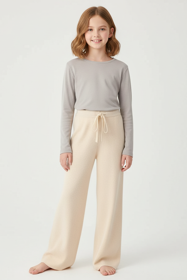 Pantalon Beige Tricoté Laine Ample Confortable Enfant