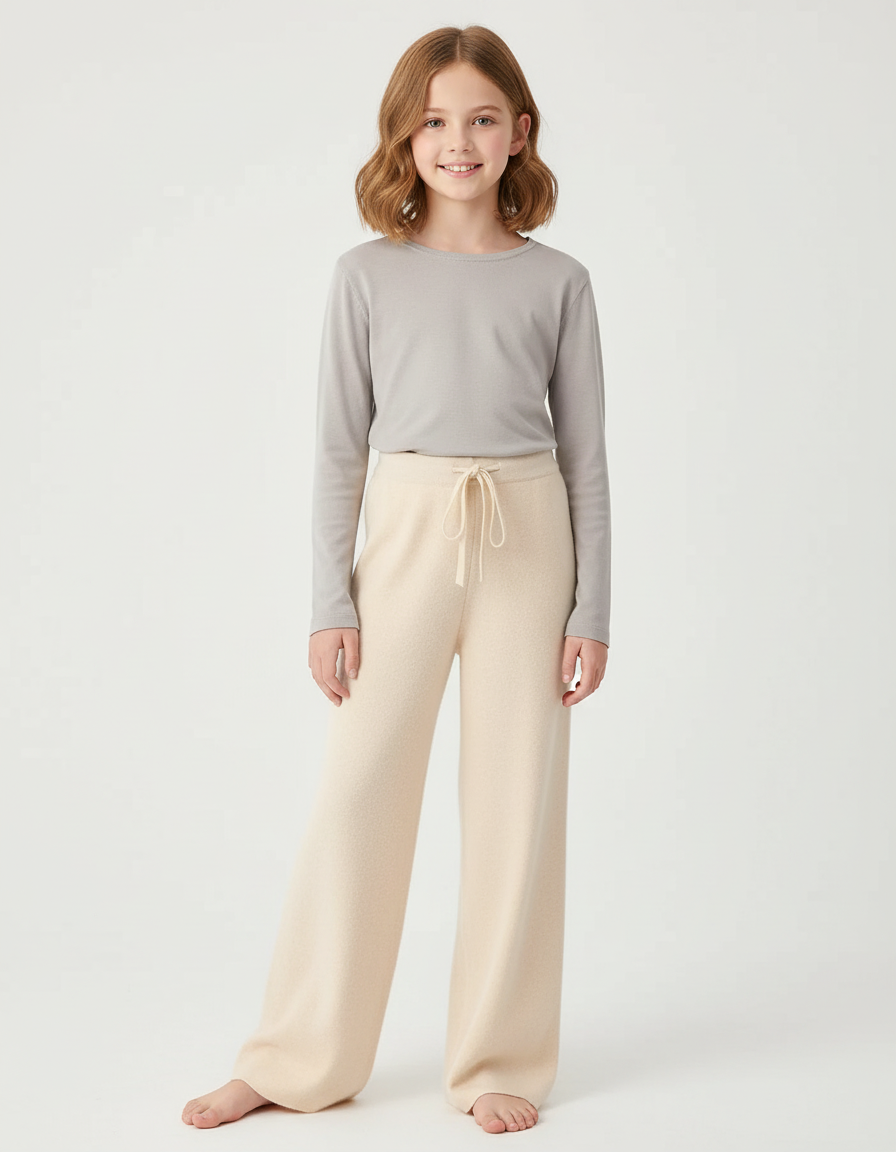 Pantalon Beige Tricoté Laine Ample Confortable Enfant