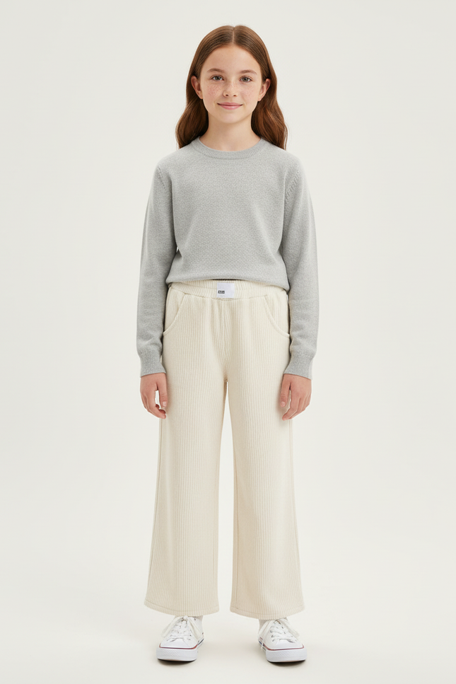 Pantalon Beige Côtelé Ample Décontracté Enfant Large - Cordé