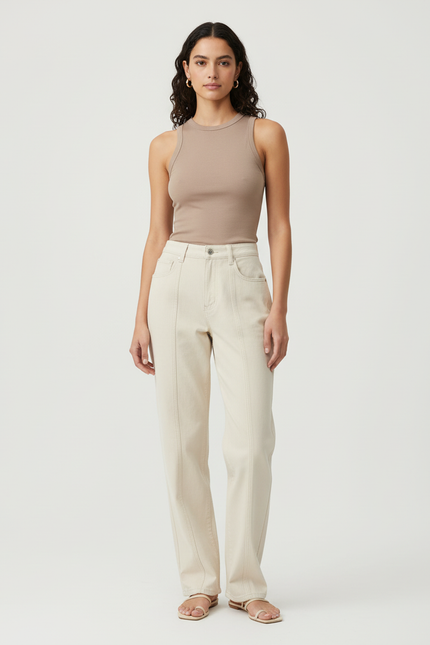 Pantalon Beige Droit Décontracté Taille Haute Coton