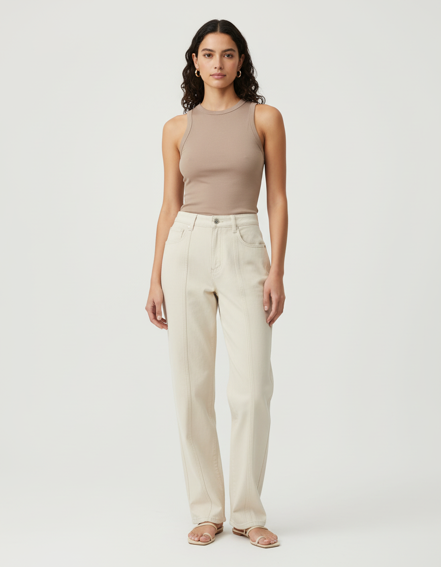 Pantalon Beige Droit Décontracté Taille Haute Coton