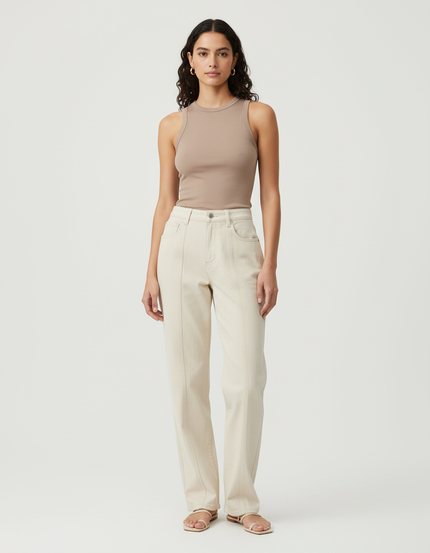 Pantalon Beige Droit Décontracté Taille Haute Coton