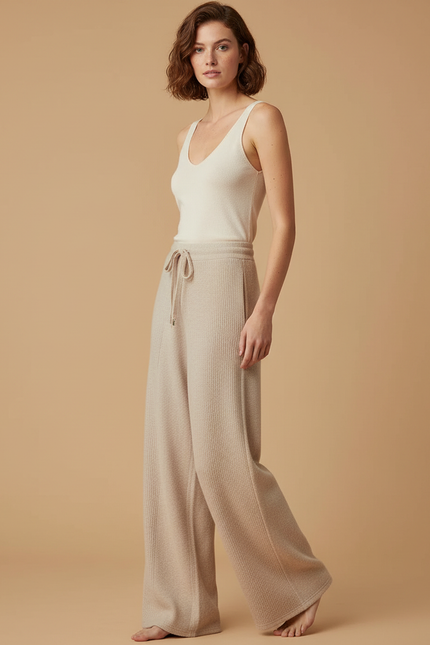 Pantalon Beige Côtelé Ample Décontracté Confortable Femme - Maille