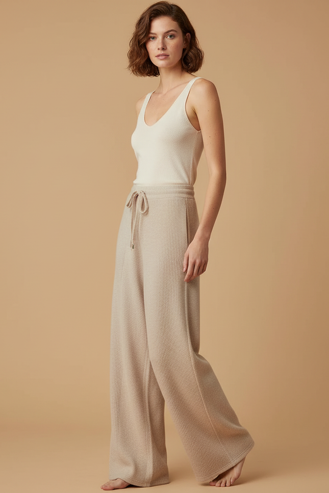 Pantalon Beige Côtelé Ample Décontracté Confortable Femme - Maille