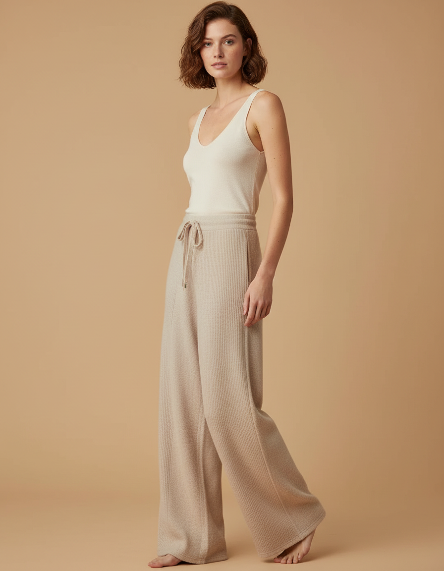Pantalon Beige Côtelé Ample Décontracté Confortable Femme - Maille