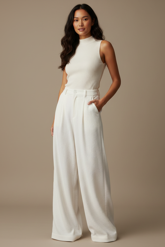 Pantalon Beige Côtelé Ample Plissé Droit Femme - Blanc Cordé