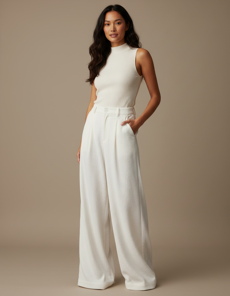 Pantalon Beige Côtelé Ample Plissé Droit Femme - Blanc Cordé