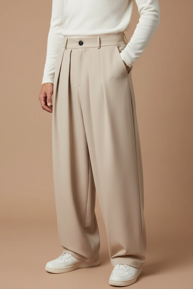 Pantalon Beige Plissé Large Fluide Décontracté Homme - Polyester