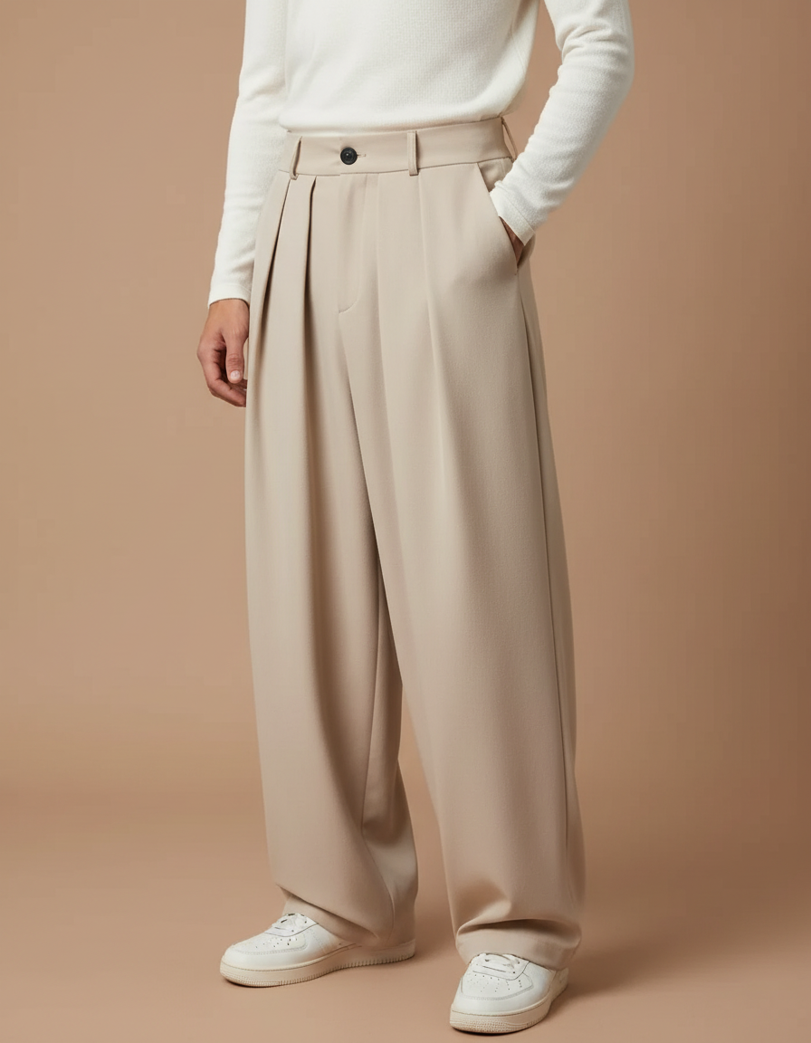 Pantalon Beige Plissé Large Fluide Décontracté Homme - Polyester