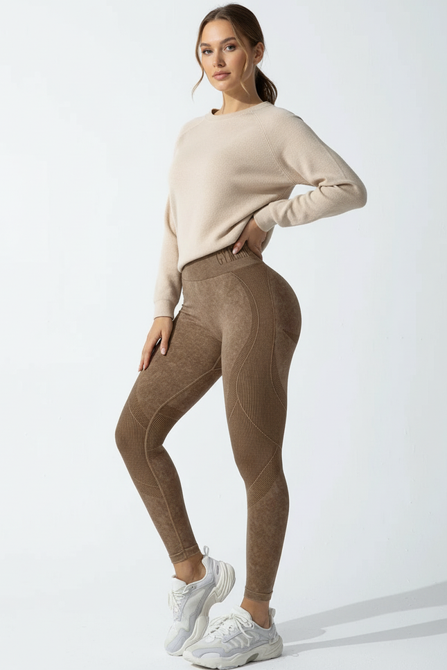 Pantalon Beige Seamless Côtelé Taille Haute Yoga - Marron Maille