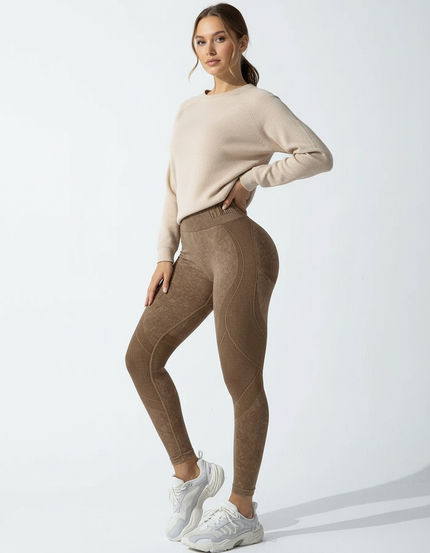 Pantalon Beige Seamless Côtelé Taille Haute Yoga - Marron Maille