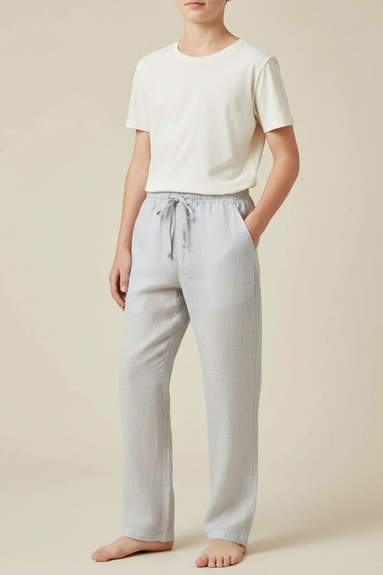 Pantalon Beige Coton Lin Ample Décontracté Confortable - Gris