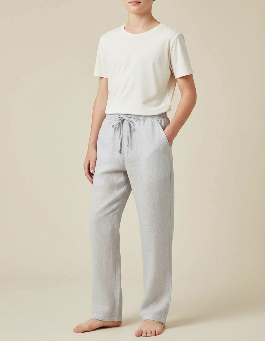 Pantalon Beige Coton Lin Ample Décontracté Confortable - Gris