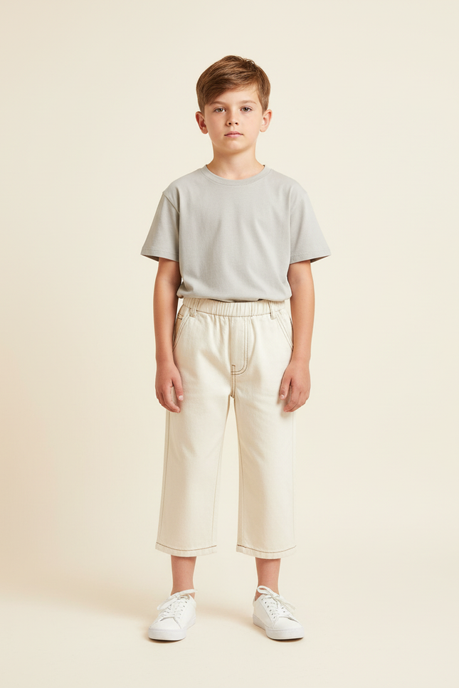 Pantalon Beige Ample Surpiqûres Décontracté Enfant - Toile